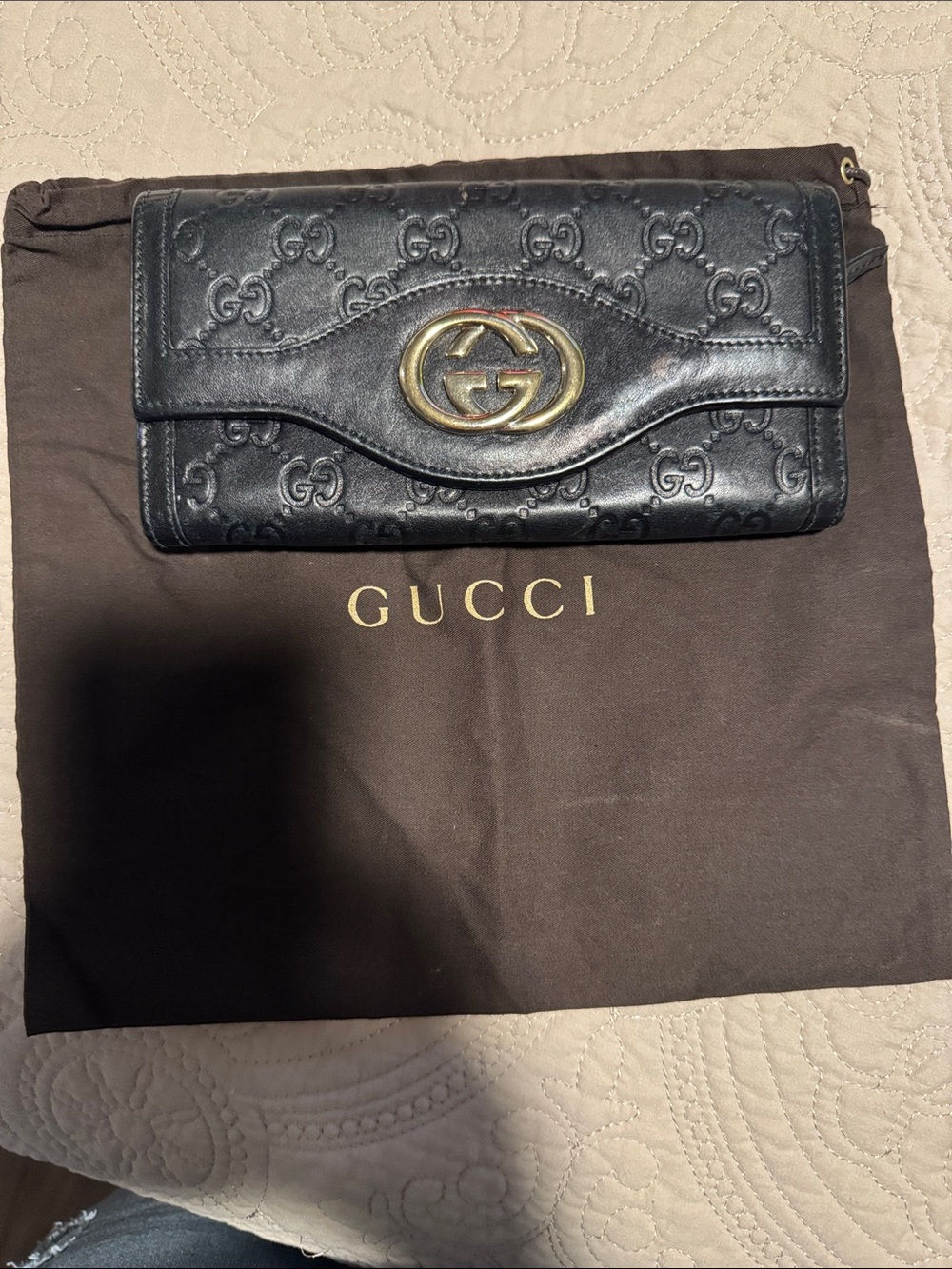 Gucci Black Embossed GG Leather Wallet with Gold Double G